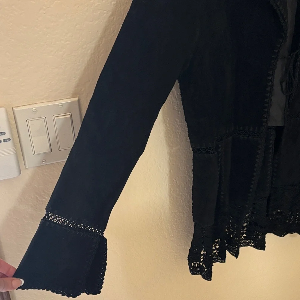 Black Suede Women's Jacket with Crochet detail - Picture 4 of 8